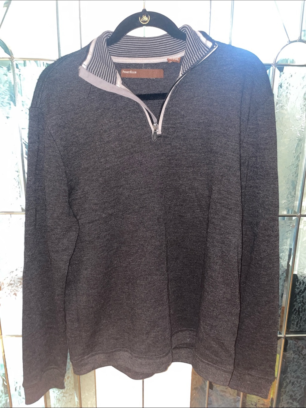 Perry Ellis Charcoal Gray Quarter-Zip Sweater with Striped Collar